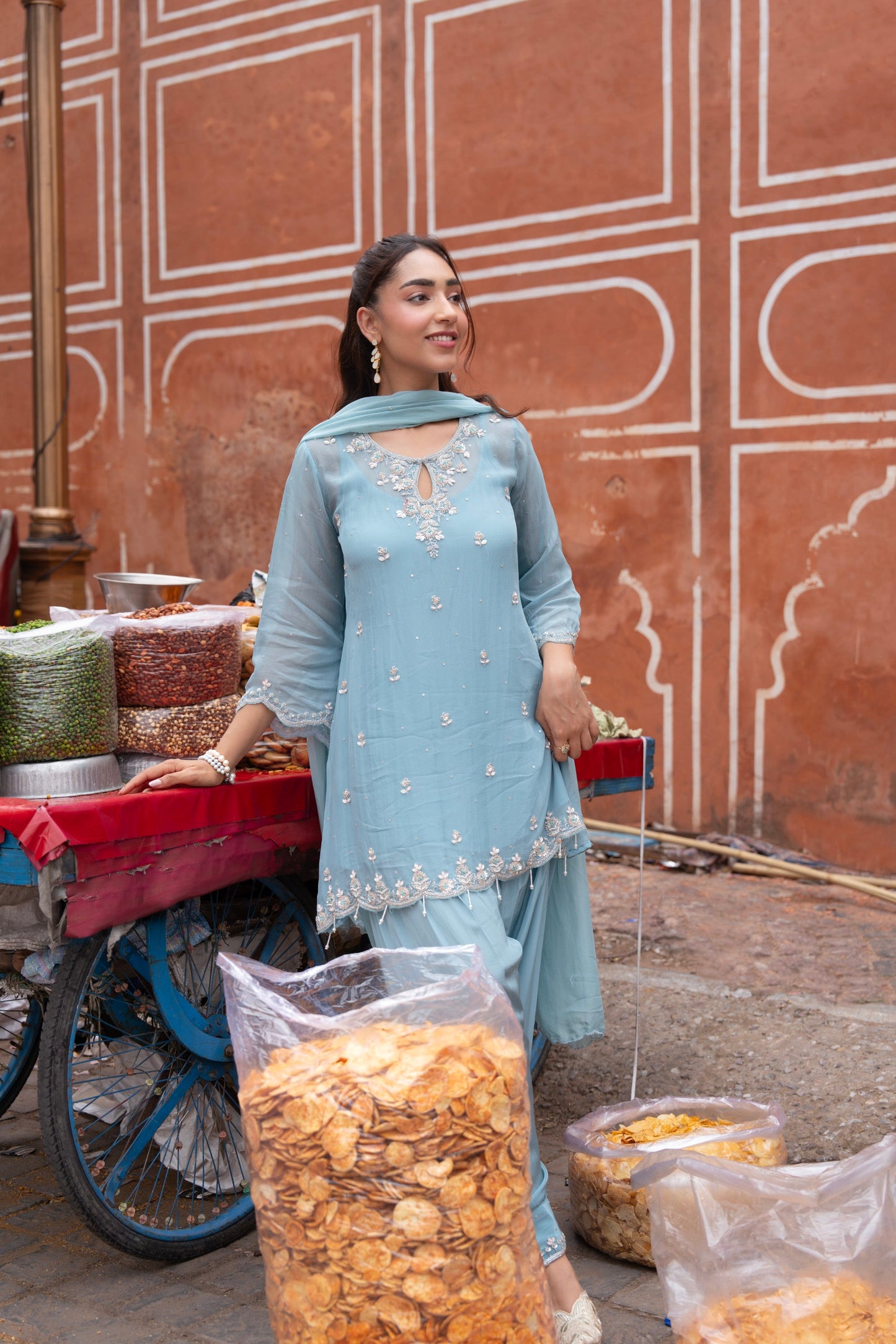 Mist Blue Embellished Tissue Silk Pant Set