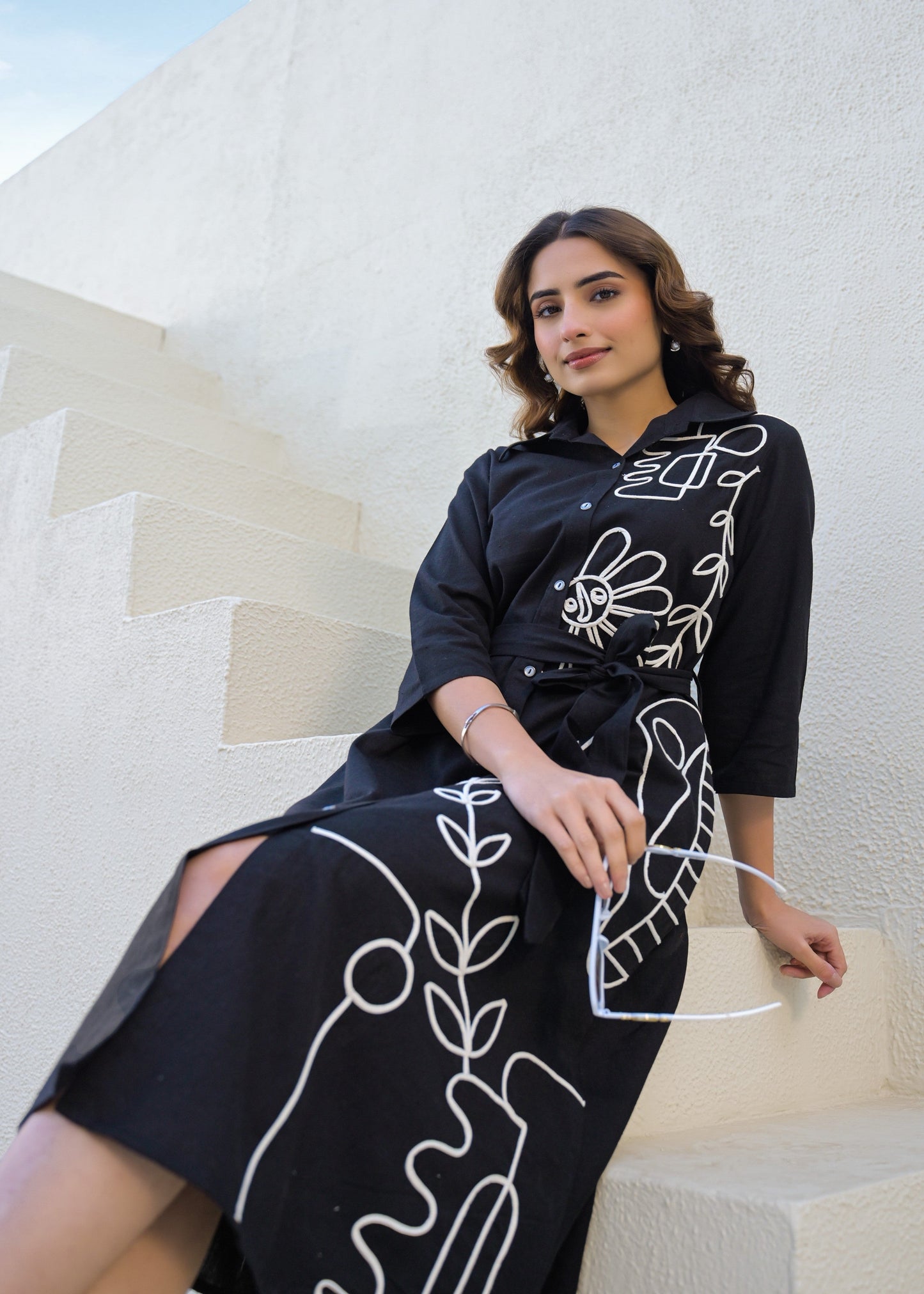 Black Line Art Shirt Dress