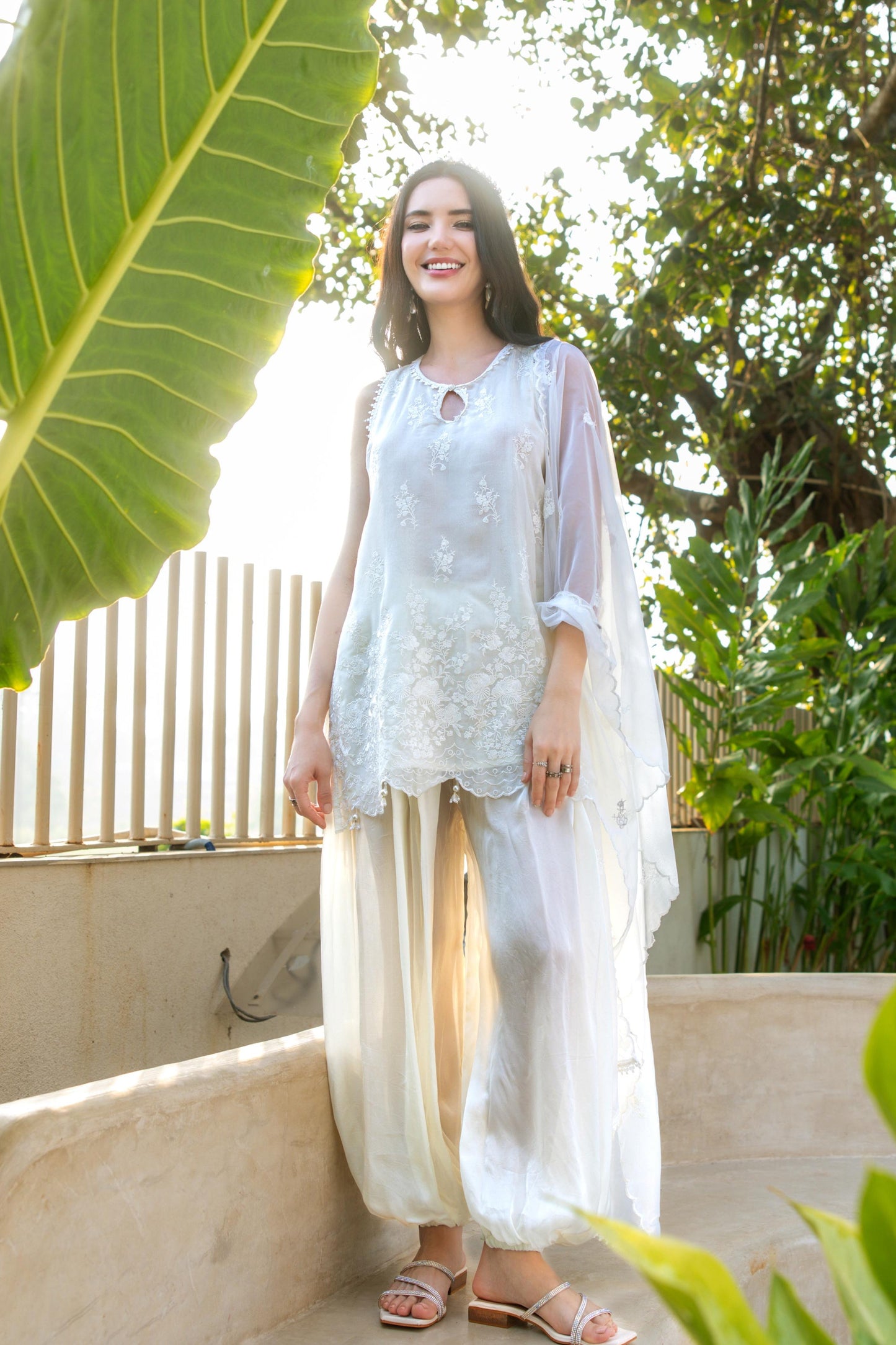 Ivory Pearl Embroidered Tissue Silk Pant Set