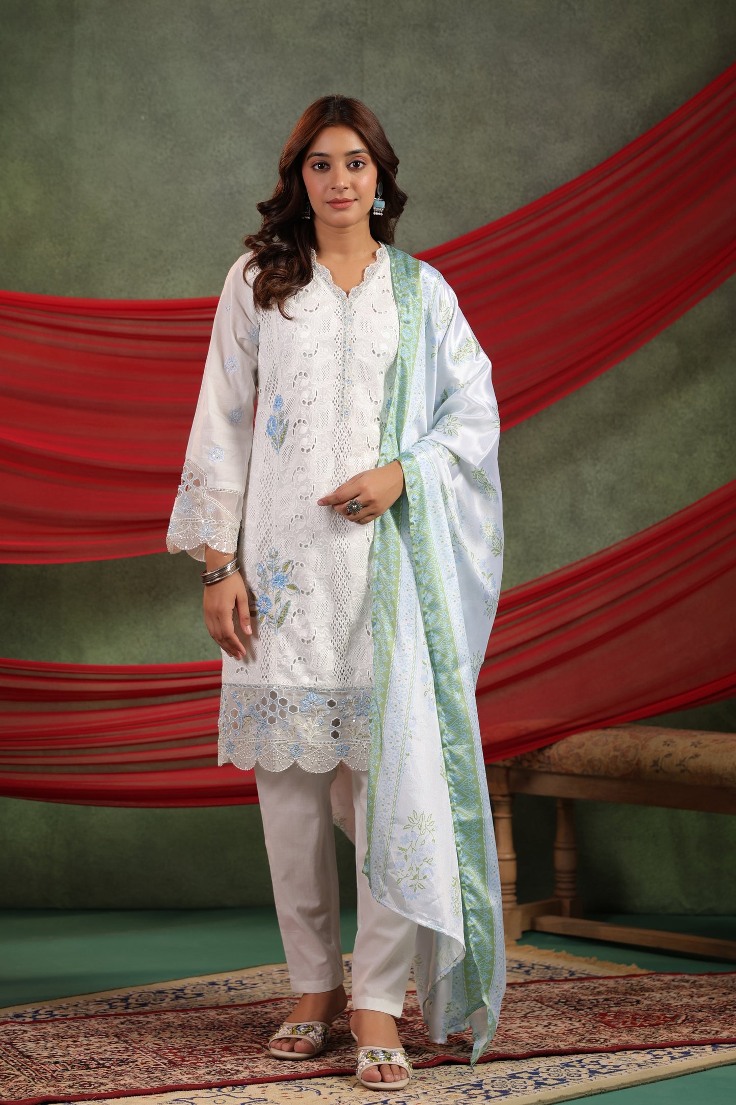 Ice Blue Embellished Cotton Pant Set