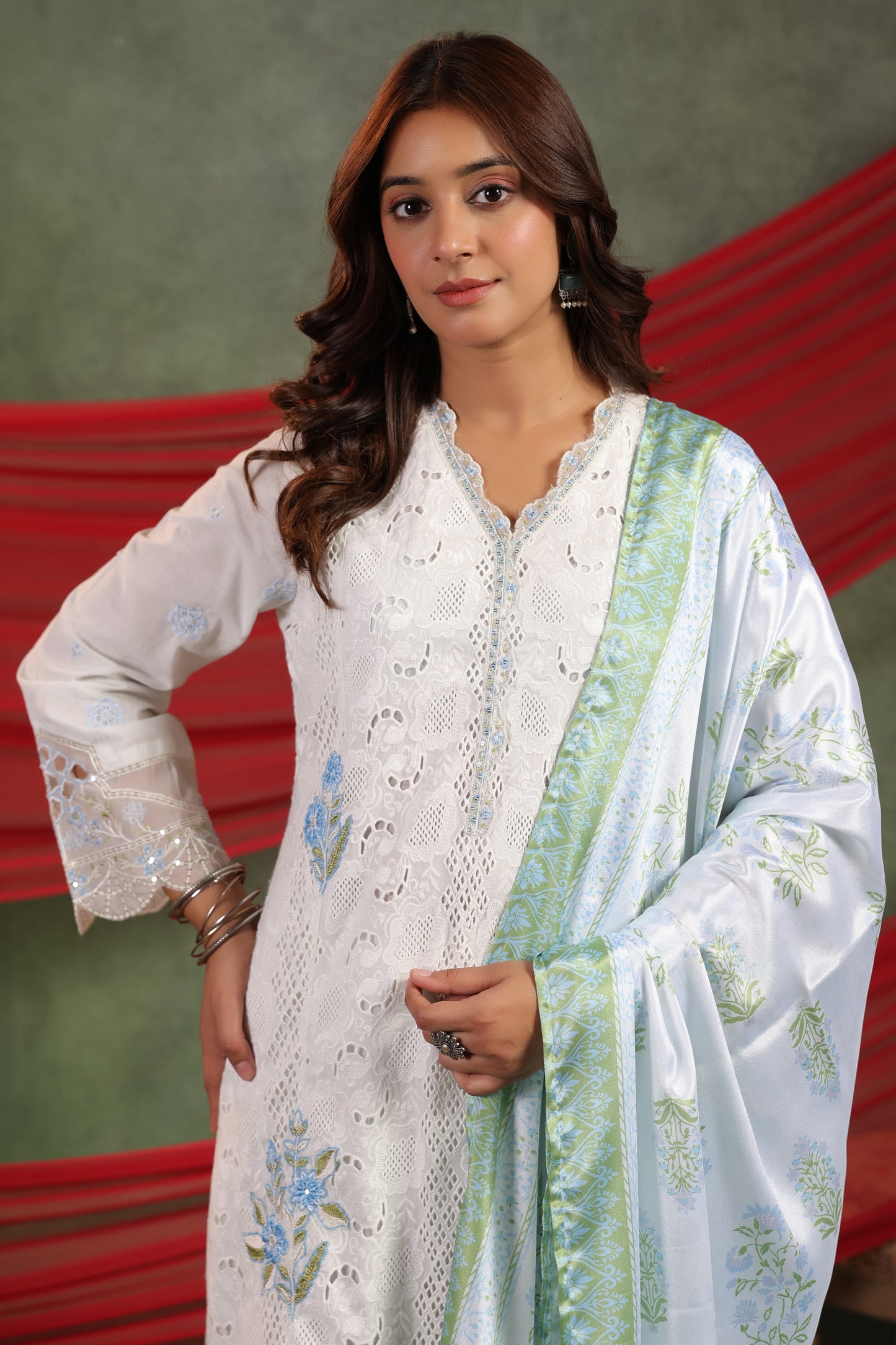 Ice Blue Embellished Cotton Pant Set