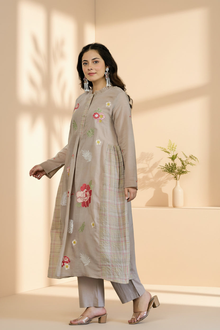 Taupe Floral Kurta Set