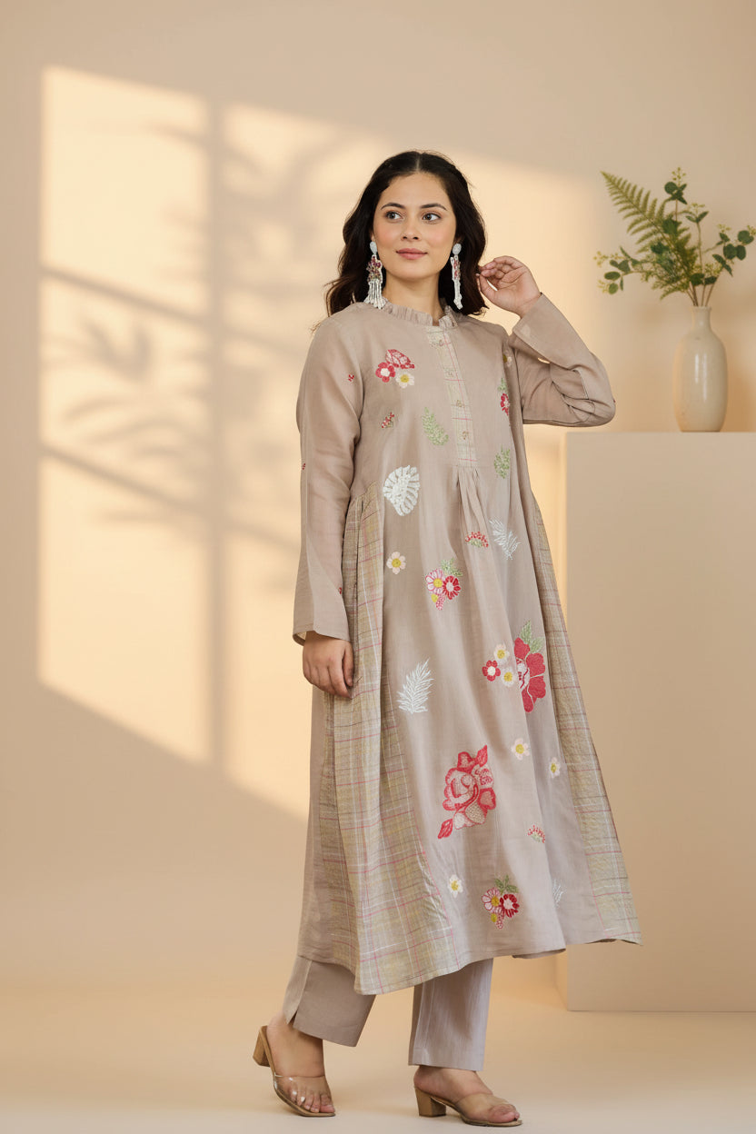 Taupe Floral Kurta Set