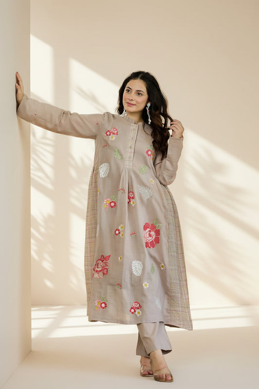 Taupe Floral Kurta Set