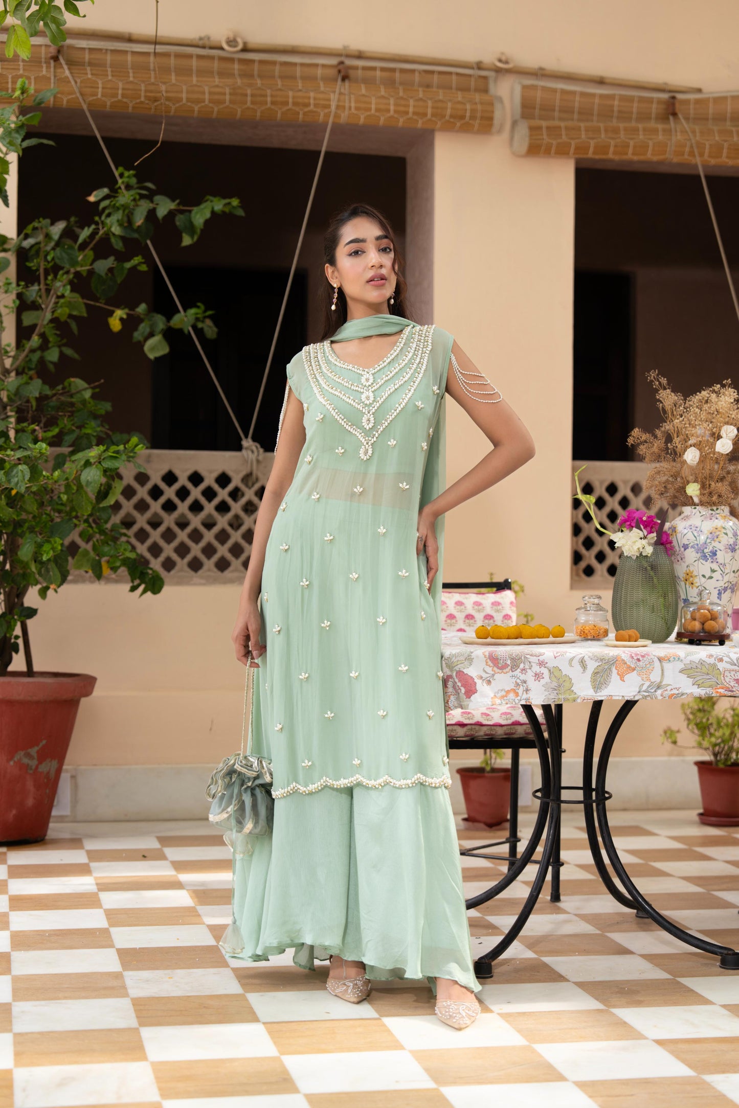 Mint Green Embellished Tissue Silk Palazzo Set