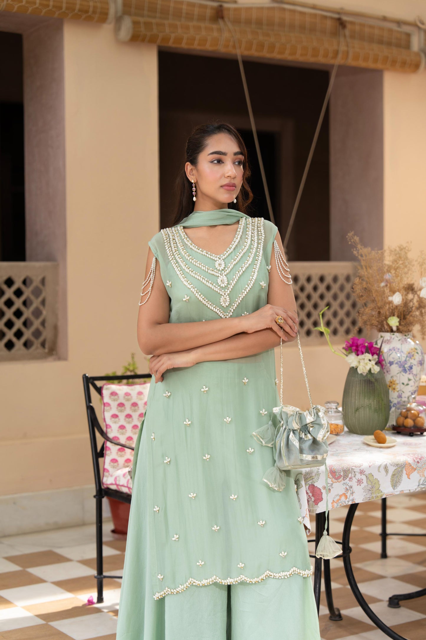 Mint Green Embellished Tissue Silk Palazzo Set