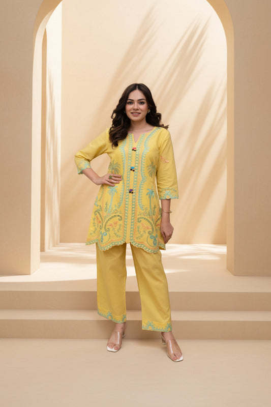 Bright Yellow Embroidered Co-ord Set
