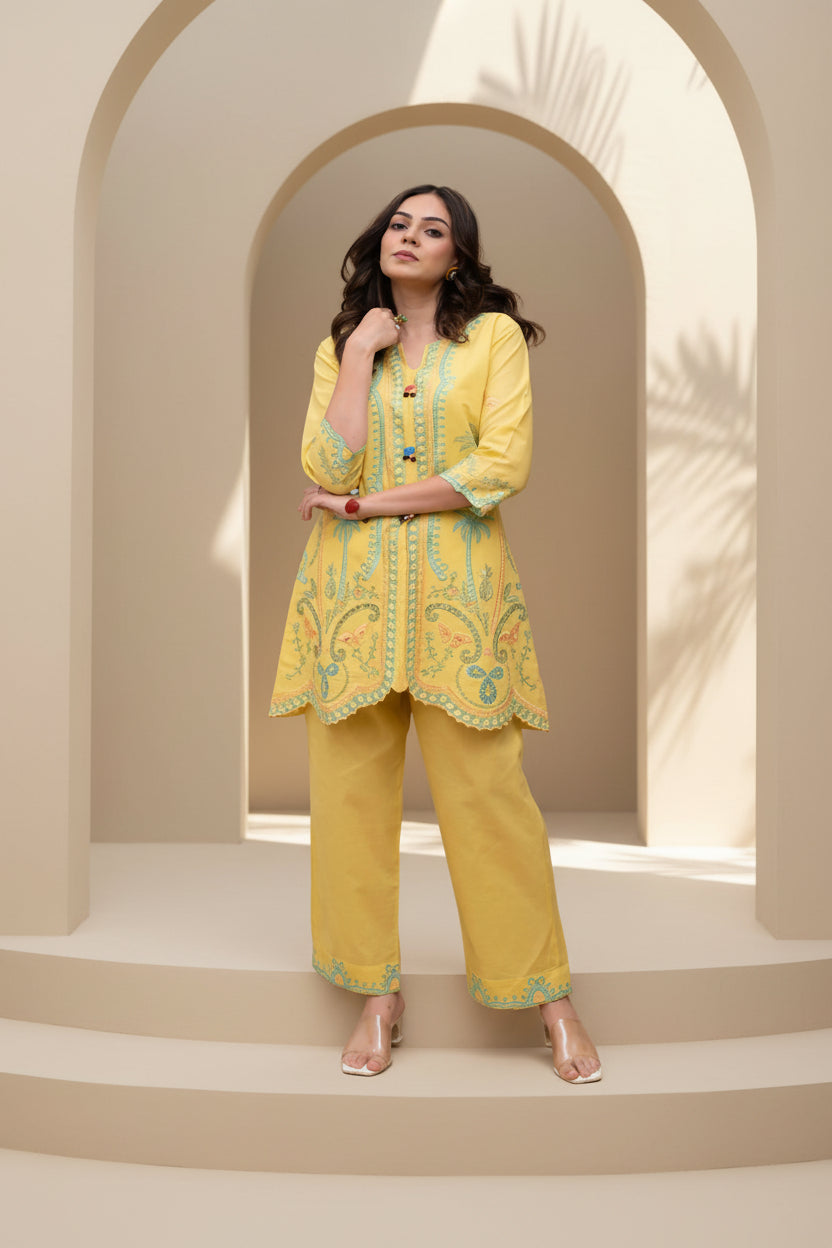 Bright Yellow Embroidered Co-ord Set