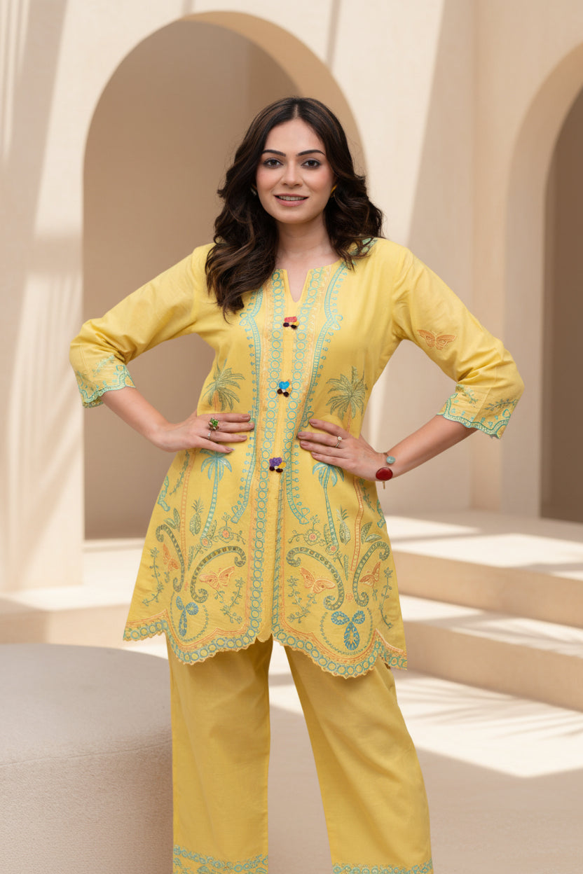 Bright Yellow Embroidered Co-ord Set