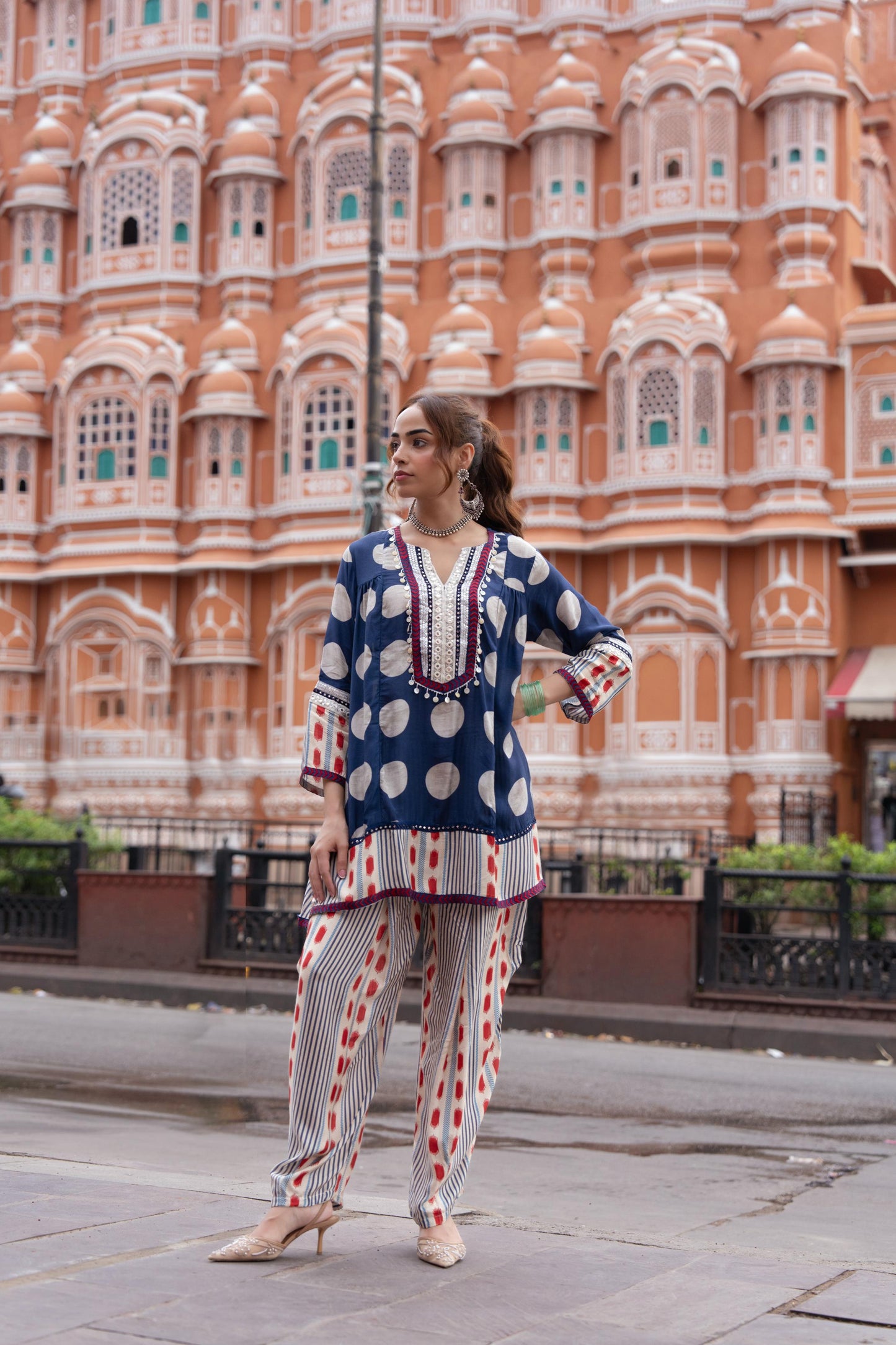 Classic Navy Printed Crepe Silk Pant Set