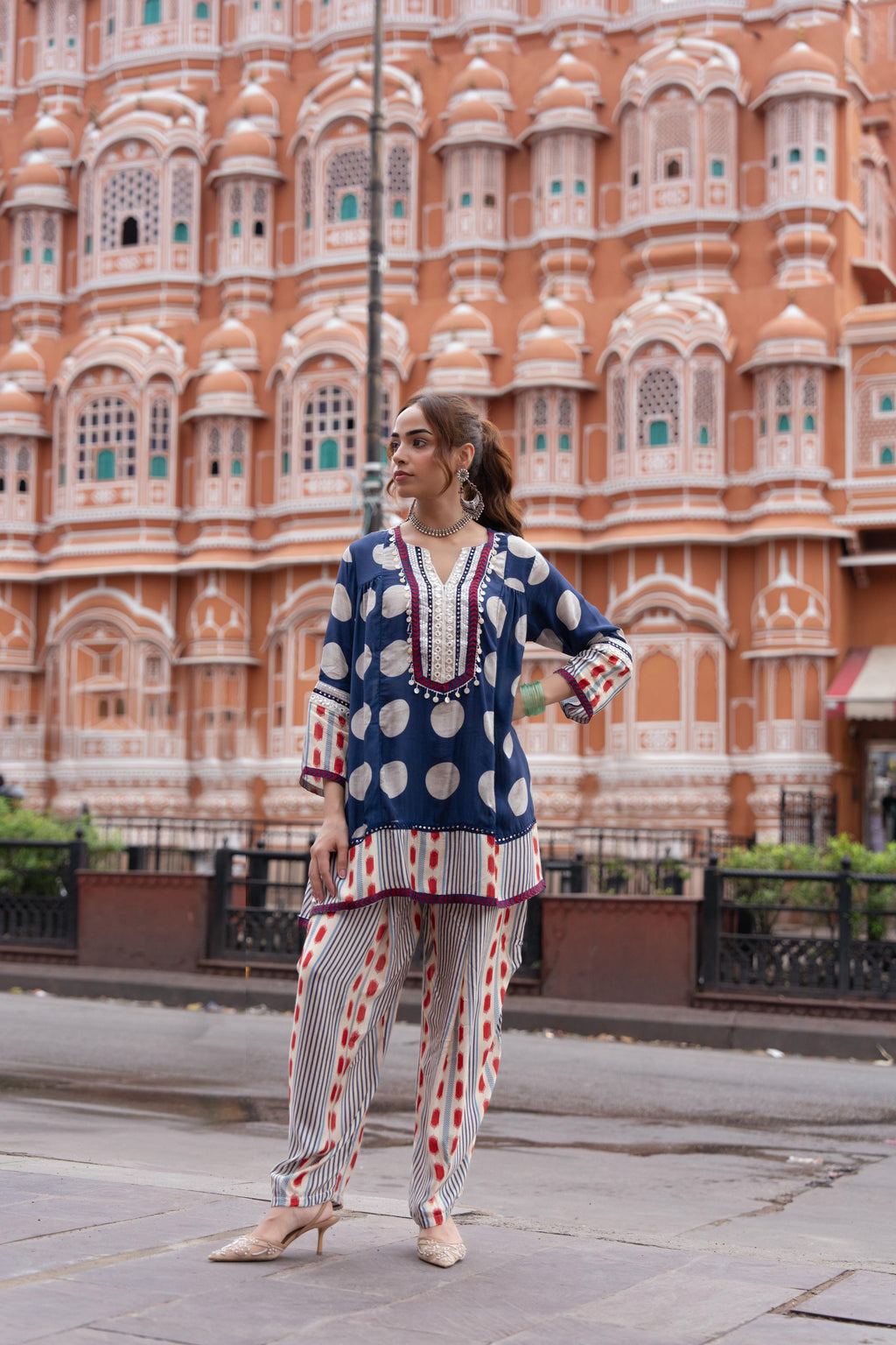 Classic Navy Printed Crepe Silk Pant Set