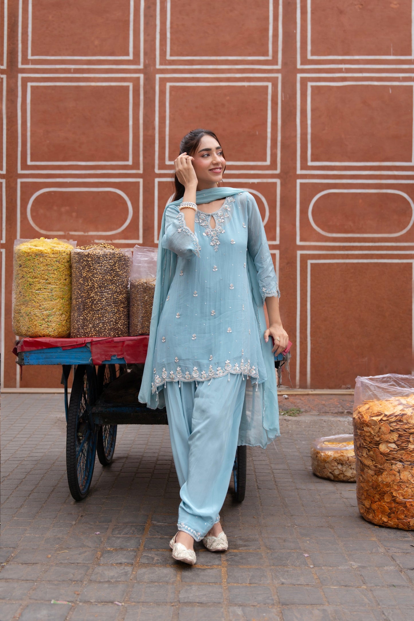 Mist Blue Embellished Tissue Silk Pant Set