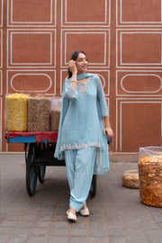 Mist Blue Embellished Tissue Silk Pant Set