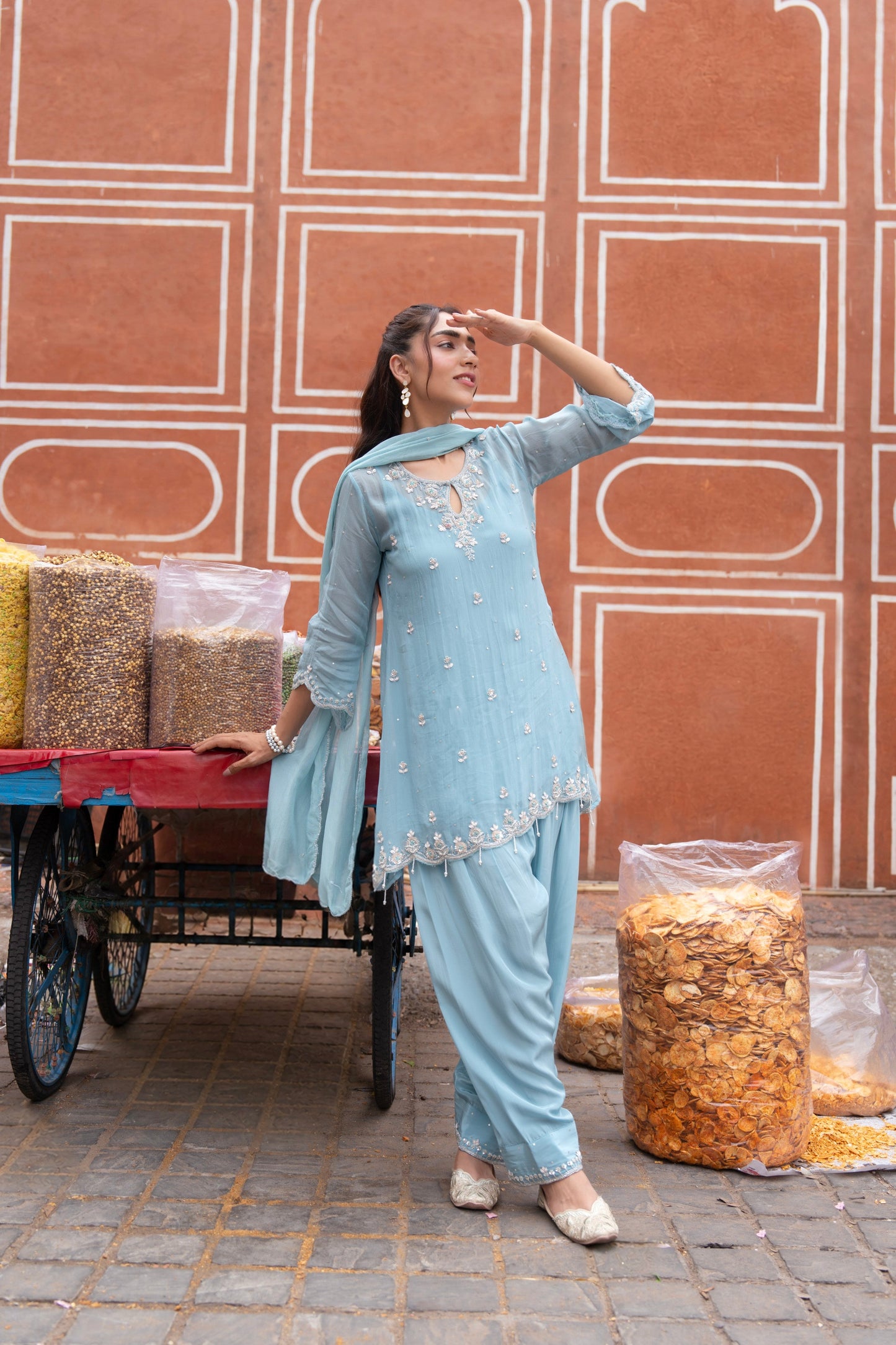 Mist Blue Embellished Tissue Silk Pant Set