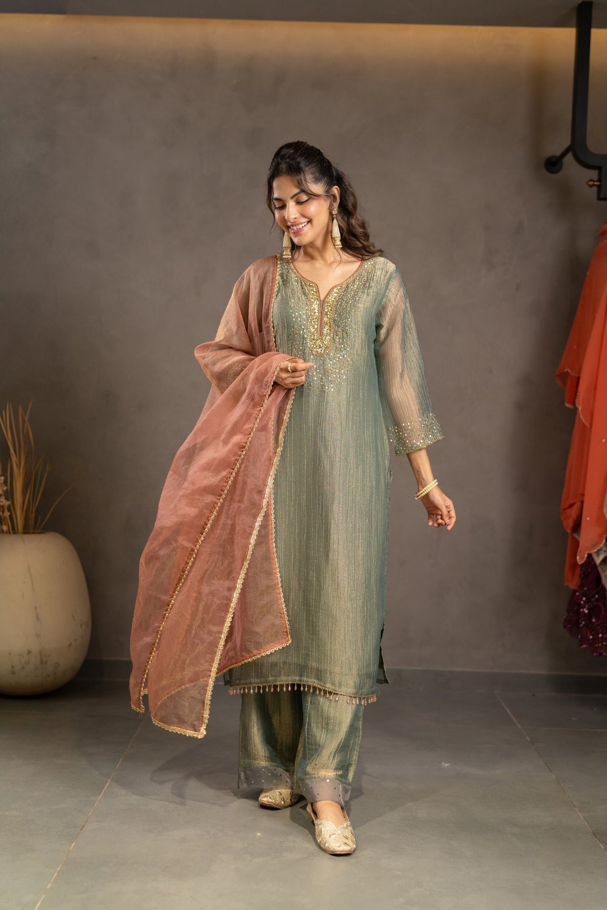 Olive Rose Embellished Tissue Silk Palazzo Set