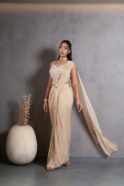 Champagne Beige Embellished Chinon Silk Pre-Draped Saree