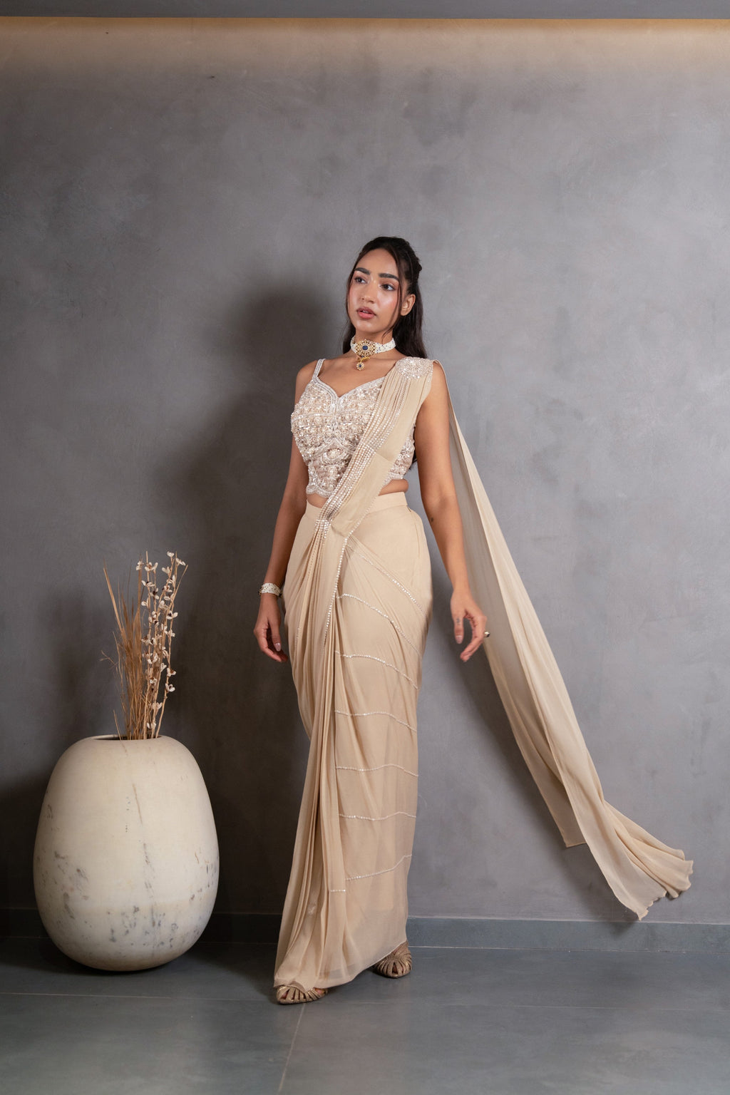 Champagne Beige Embellished Chinon Silk Pre-Draped Saree