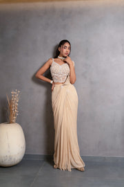 Champagne Beige Embellished Chinon Silk Pre-Draped Saree