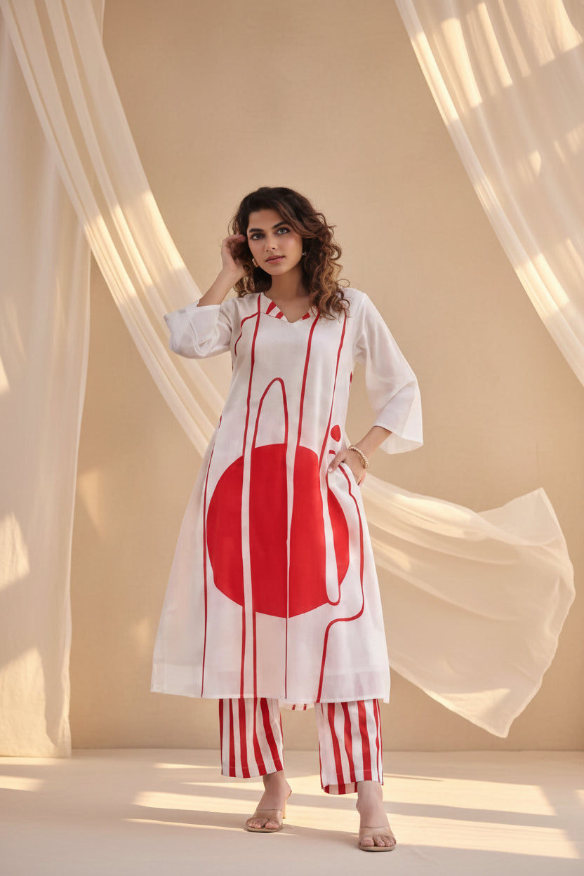 Ivory & Bold Red Kurta Set