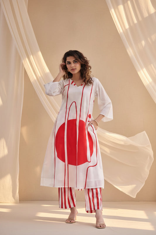 Ivory & Bold Red Kurta Set