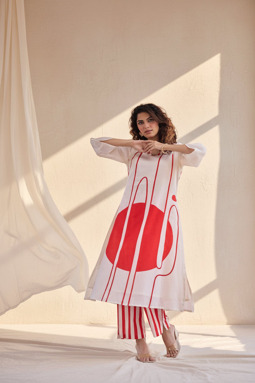 Ivory & Bold Red Kurta Set