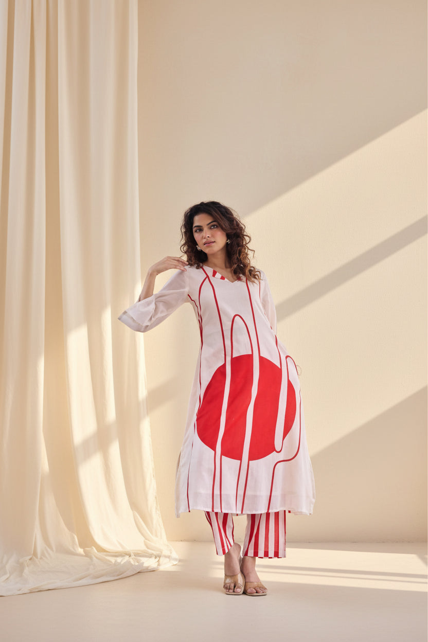 Ivory & Bold Red Kurta Set