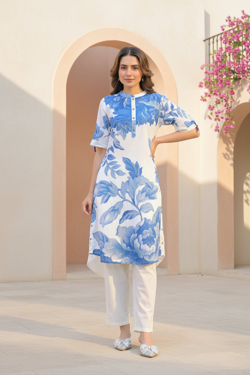 Blue Petal Printed Kurta Set