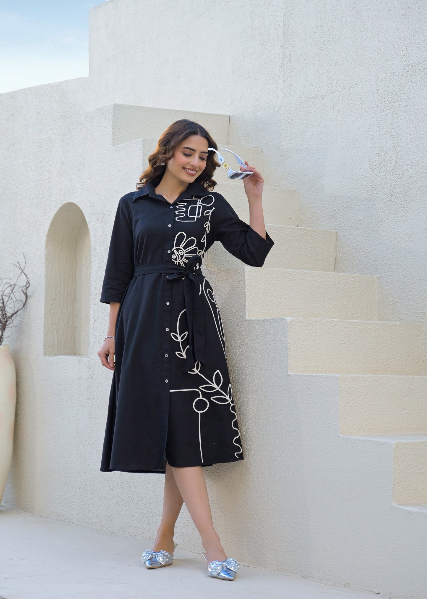 Black Line Art Shirt Dress