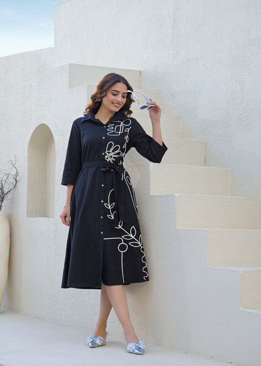 Black Line Art Shirt Dress