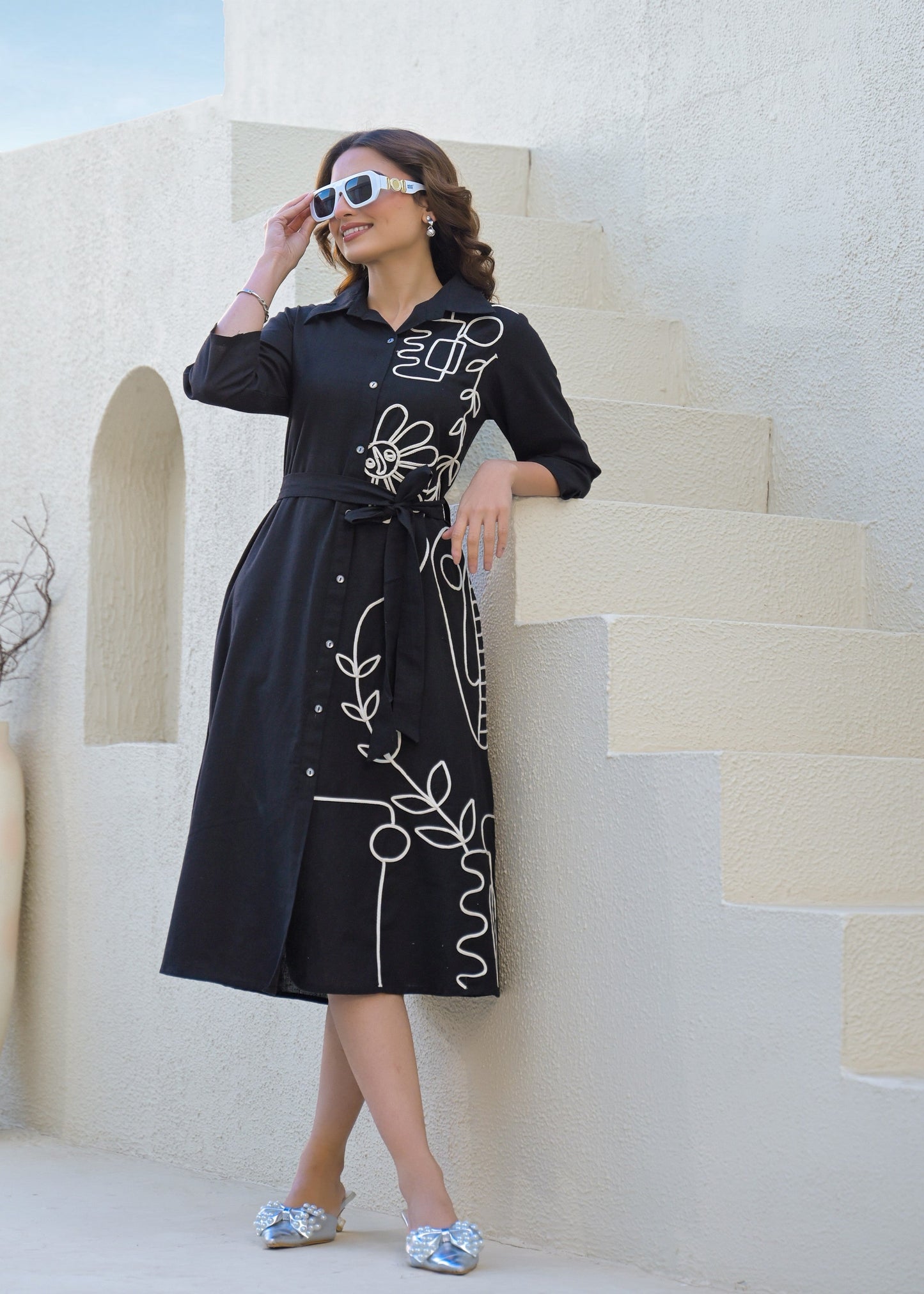 Black Line Art Shirt Dress