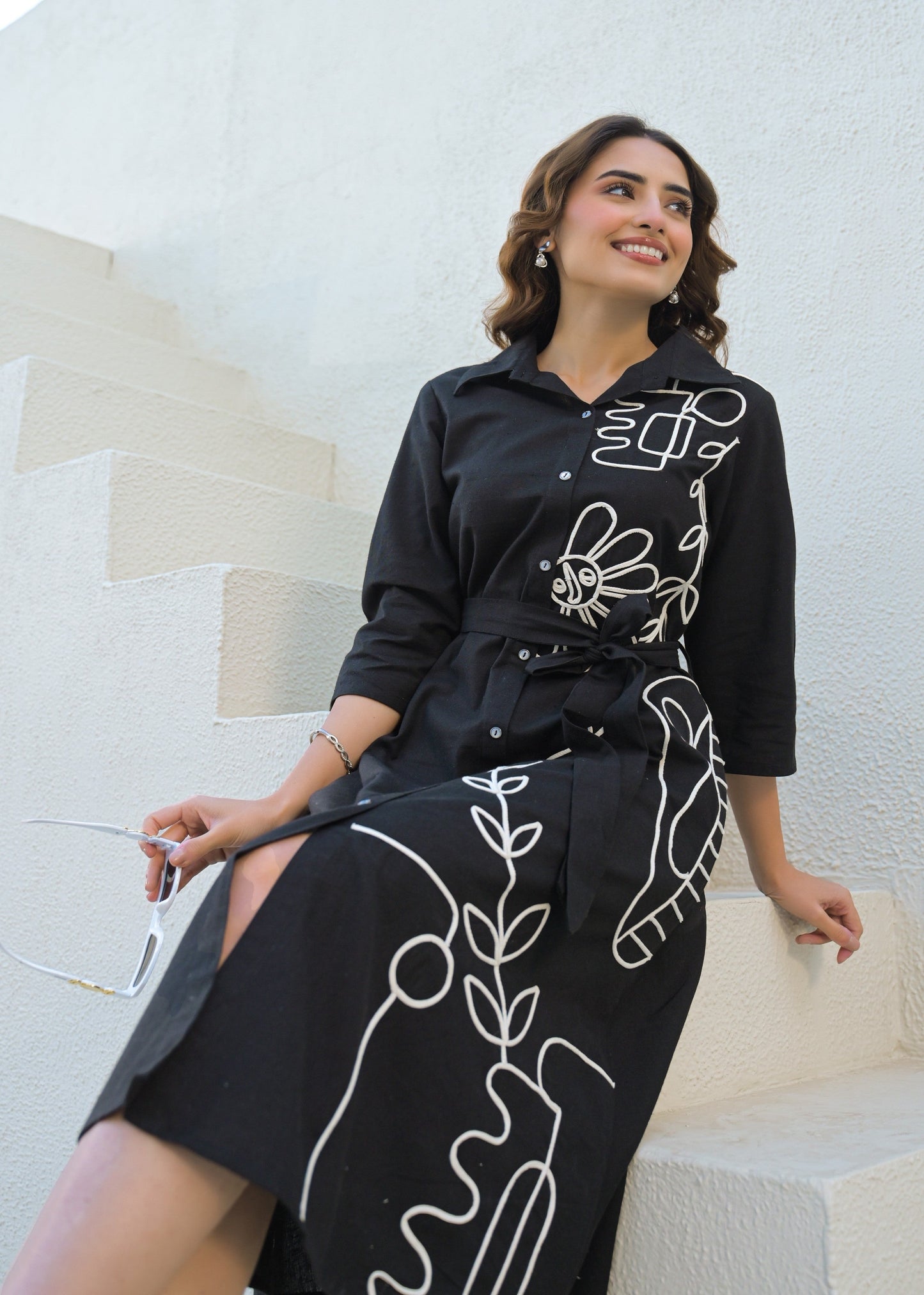 Black Line Art Shirt Dress