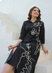 Black Line Art Shirt Dress