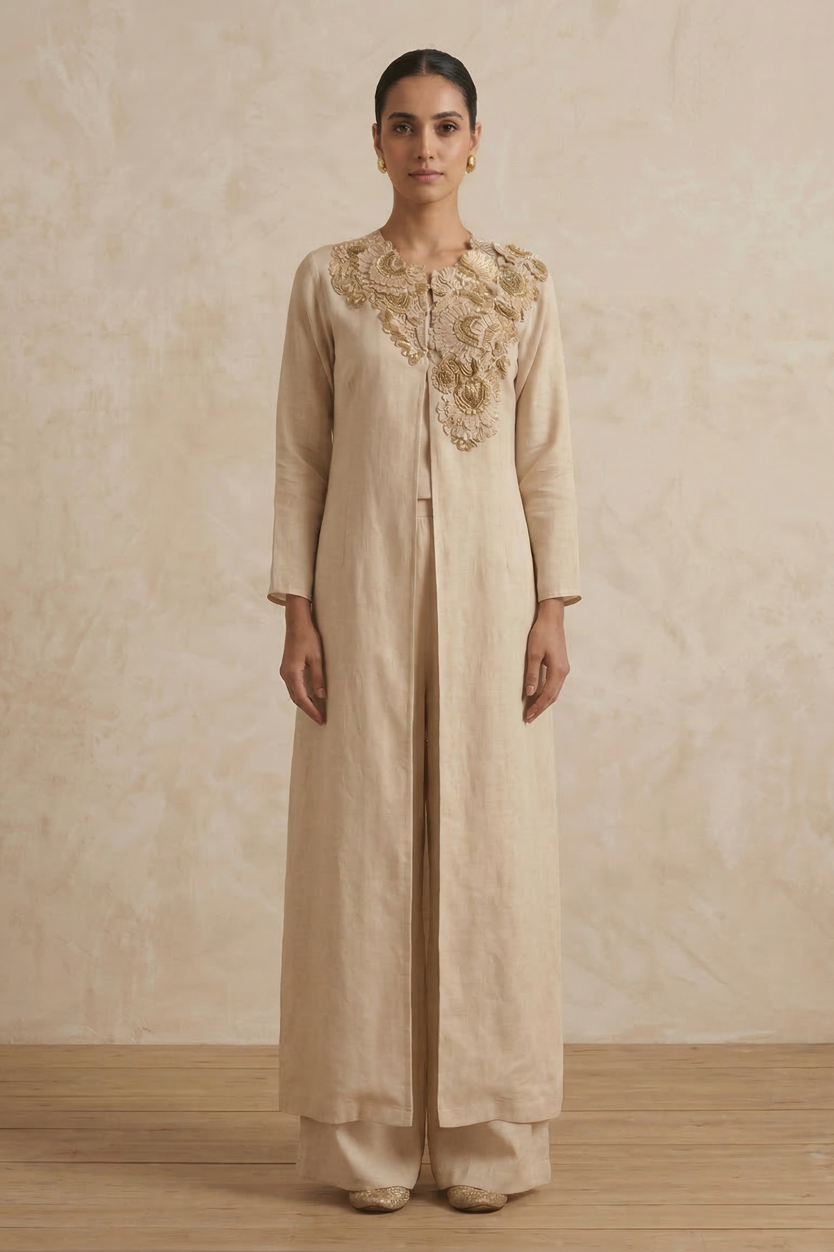 Ivory Pearl Embellished Chinon Silk Jacket Gown Set