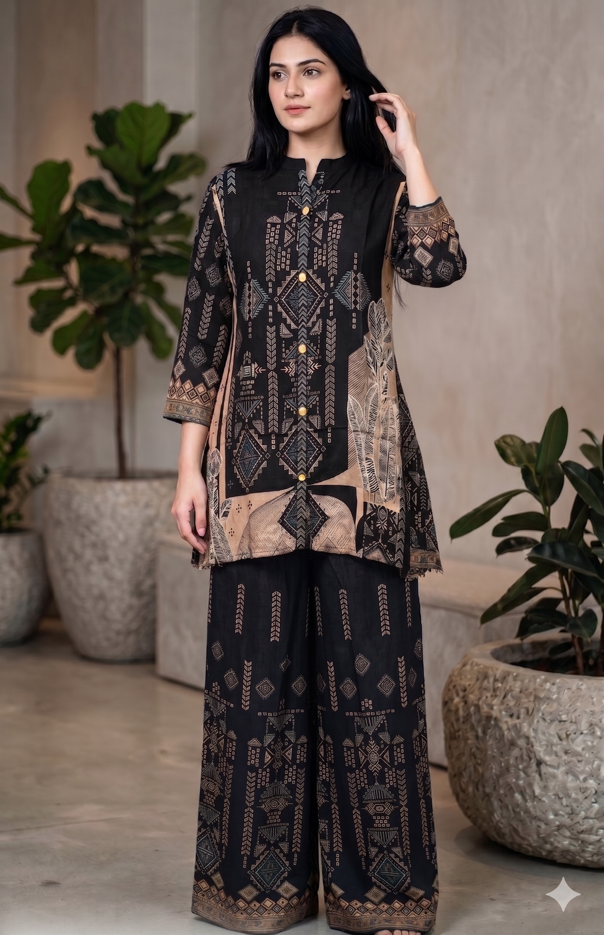 Charcoal Black Printed Crepe Silk Co-Ord Set