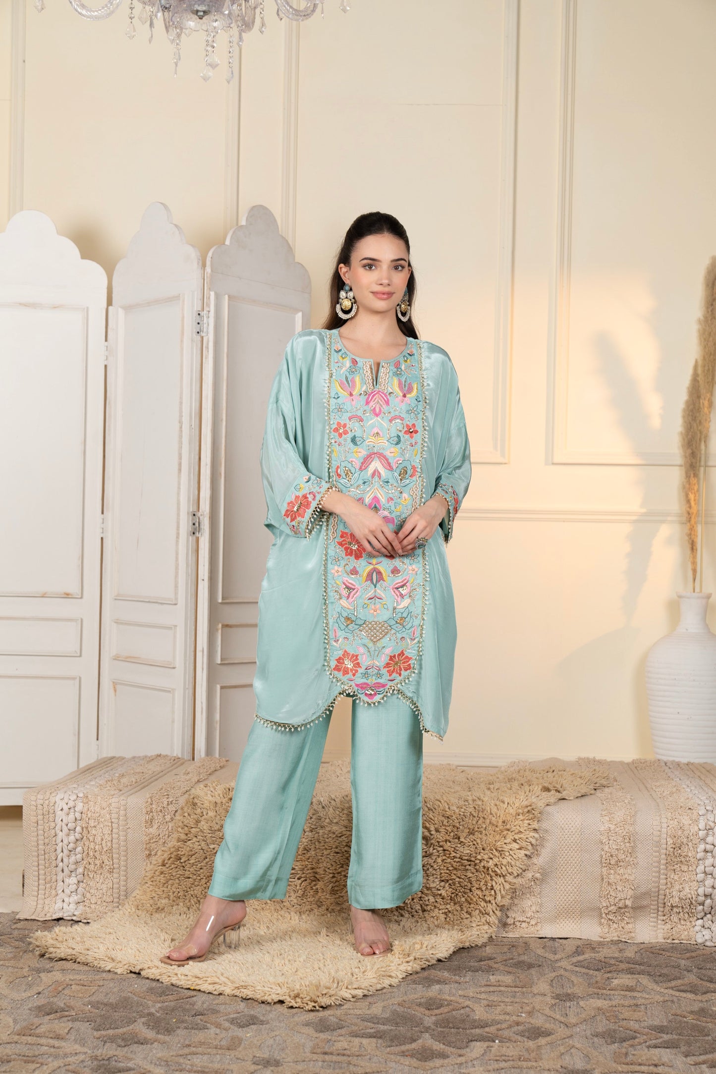 Seafoam Green Embellished Crepe Silk Co-Ord Set