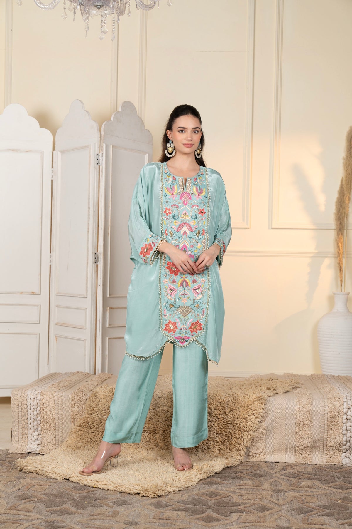 Seafoam Green Embellished Crepe Silk Co-Ord Set