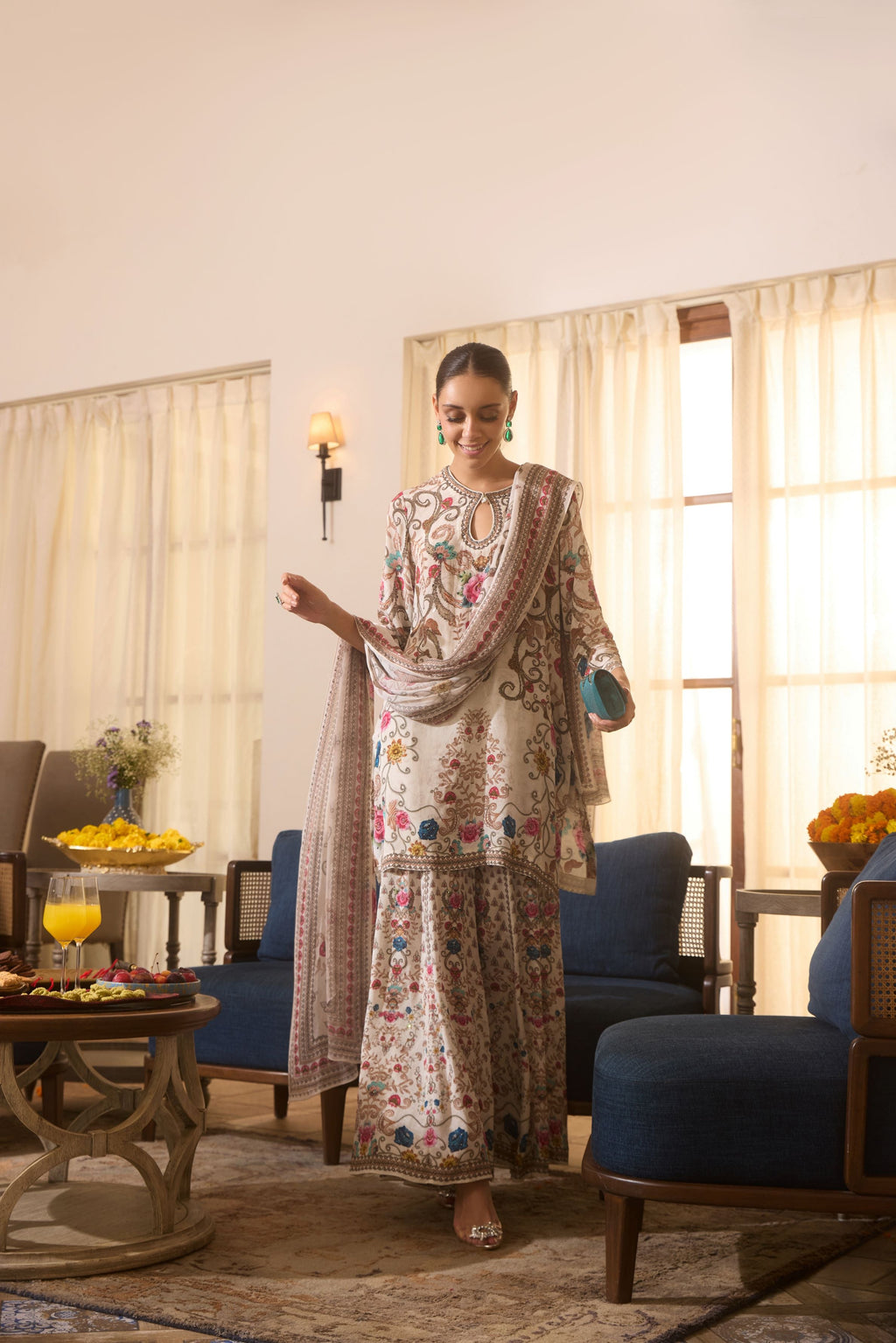 Champagne Gold Printed Crepe Silk Sharara Set