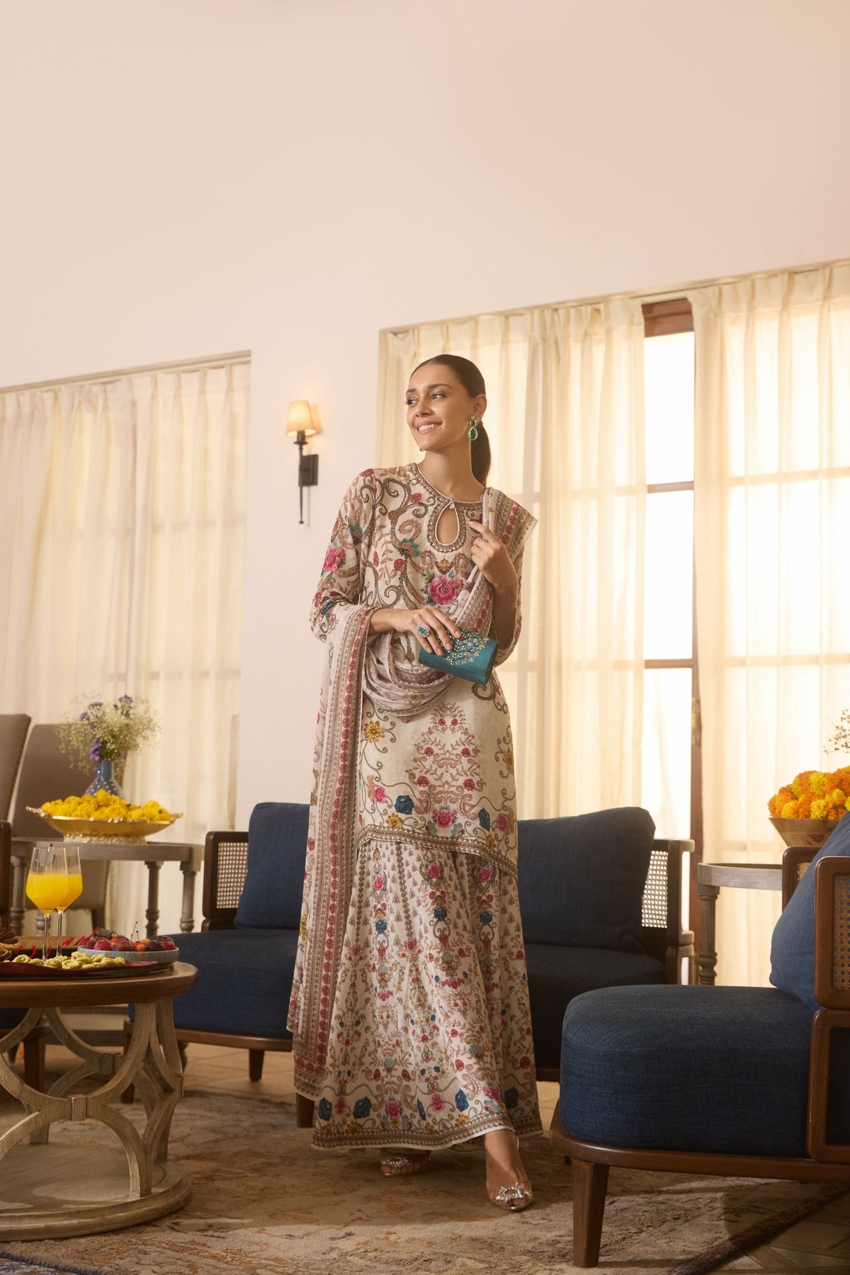 Champagne Gold Printed Crepe Silk Sharara Set