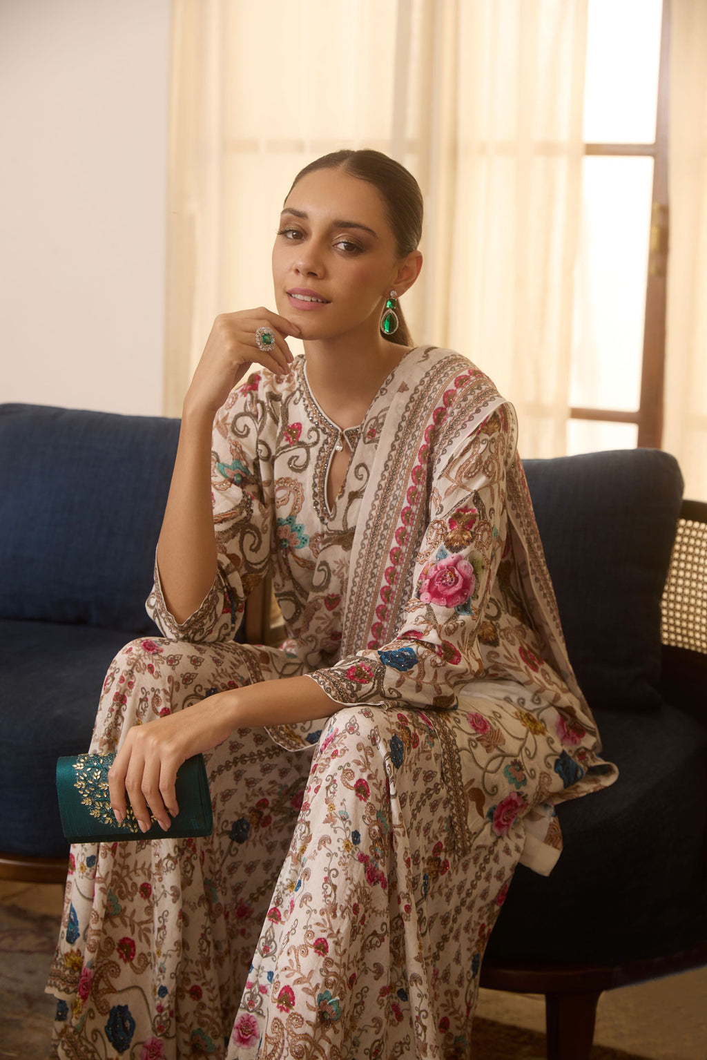 Champagne Gold Printed Crepe Silk Sharara Set