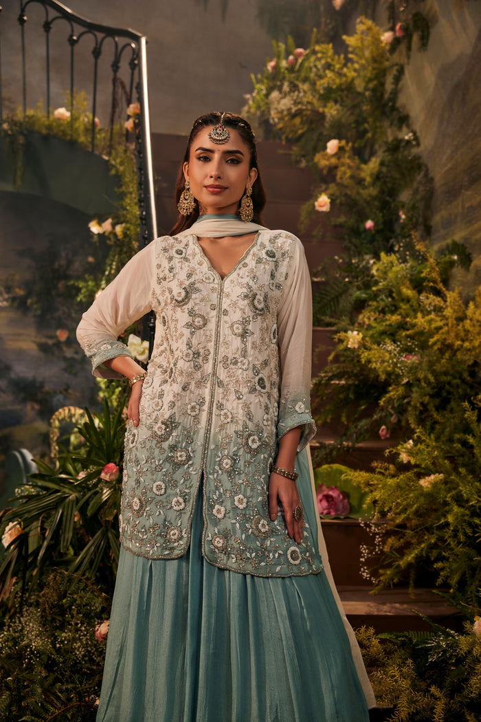 White Ombre Embellished Crepe Silk Palazzo Set
