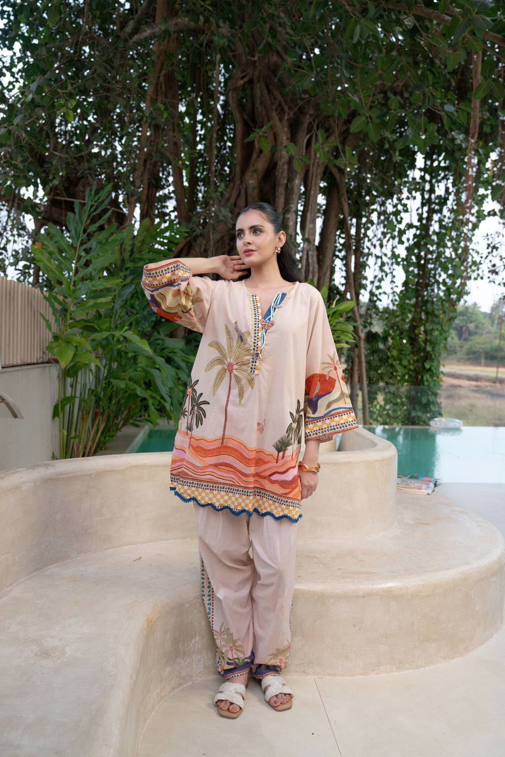 Dessert Beige Printed Cotton Co-Ord Set