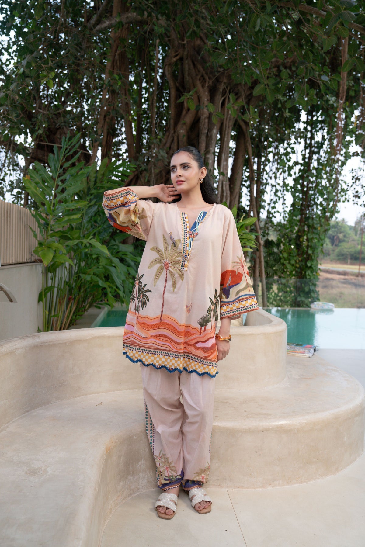 Dessert Beige Printed Cotton Co-Ord Set