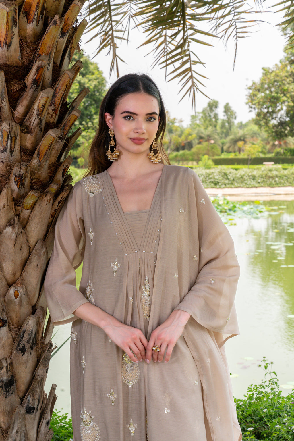 Muted Fawn Embellished Premium Silk Anarkali Set