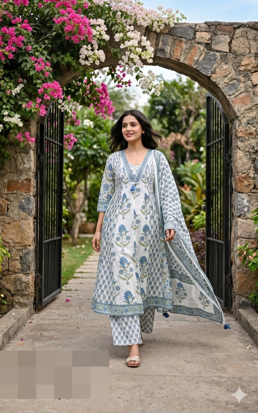 White Printed Anarkali Set