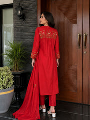 Red Blossom Embroidered Cotton Anarkali Set