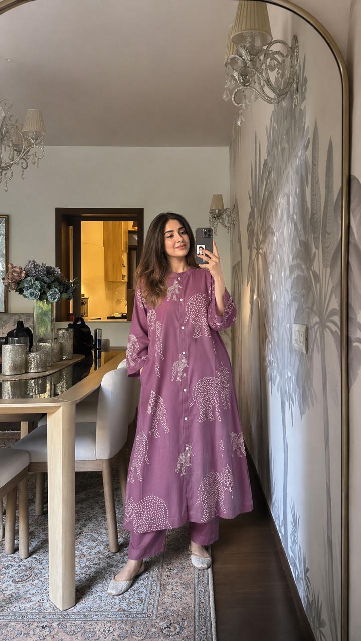 Mauve Safari Printed Cotton Anarkali Set