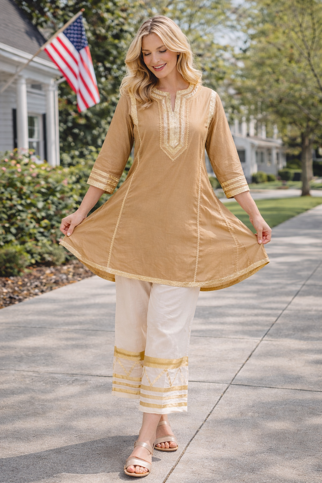 Camel & Ivory Embroidered Cotton Kurta Set